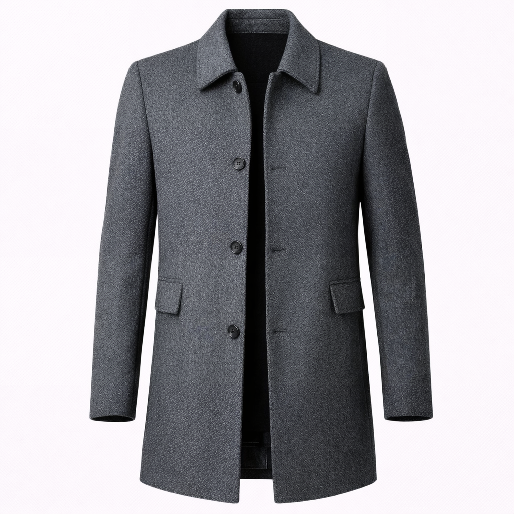 Eleganter, anthrazitfarbener Herren-Wollmantel mit klassischem Kragen, Knopfleiste und praktischen Pattentaschen.