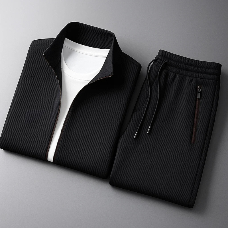 Schwarzer Herren-Zweiteiler mit strukturierter Jacke mit Stehkragen, Reißverschluss und passender Hose mit Kordelzug.