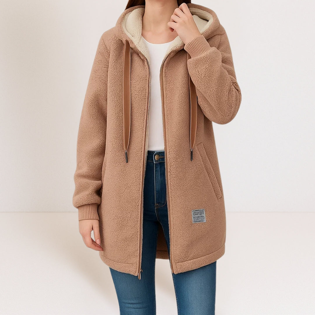 Beige Longline-Sherpa-Kapuzenjacke für Damen mit Reißverschluss, Kordelzug und weichem Innenfutter.