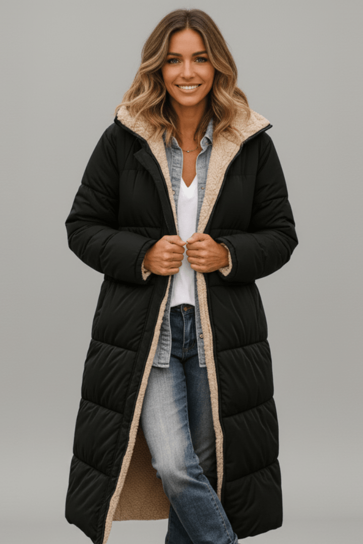 Langer, schwarzer Damen-Steppmantel mit kuscheligem beigem Teddy-Futter und schützender Kapuze für kalte Wintertage.
