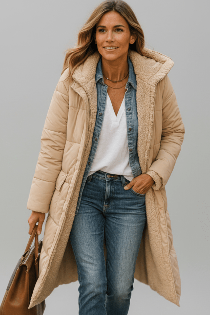 Beiger, langer Steppmantel für Damen mit kuscheliger Teddy-Kapuze und modernem Design für warme Wintertage.