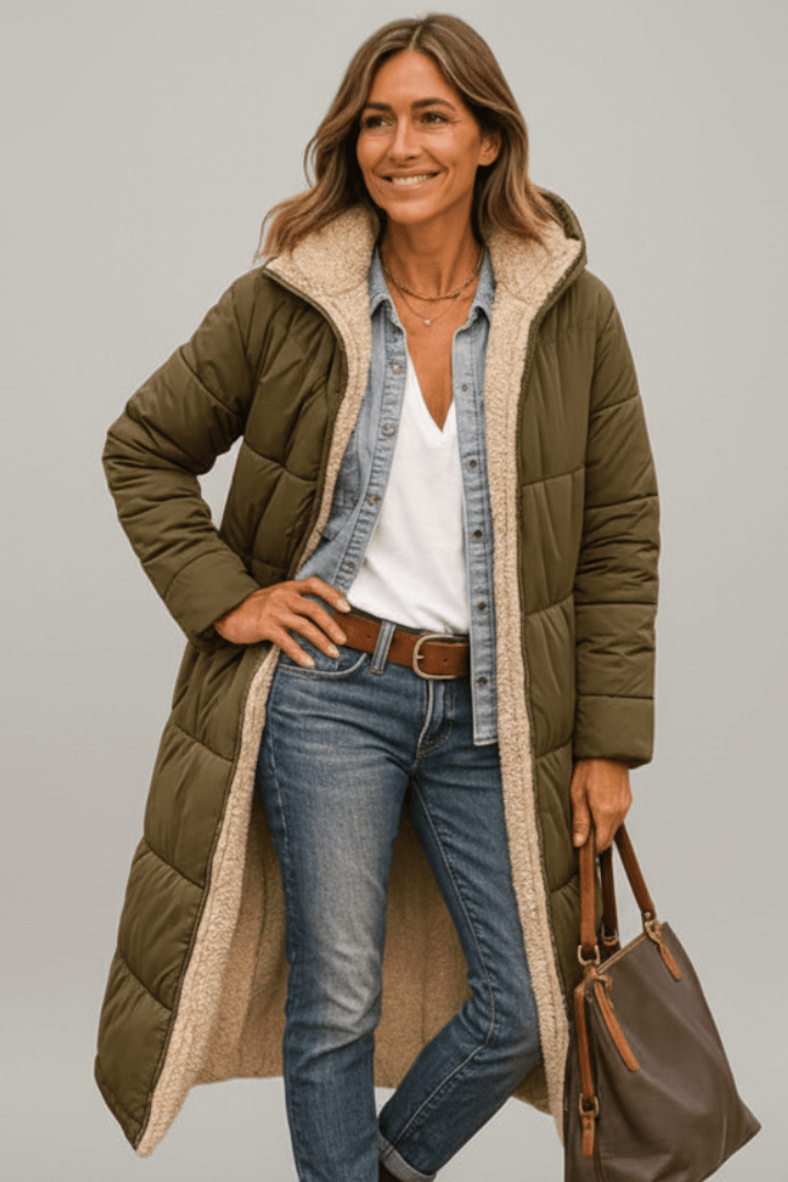 Langer, olivgrüner Steppmantel für Damen mit kuscheliger Teddy-Fütterung, Kapuze und moderner, wärmender Passform.