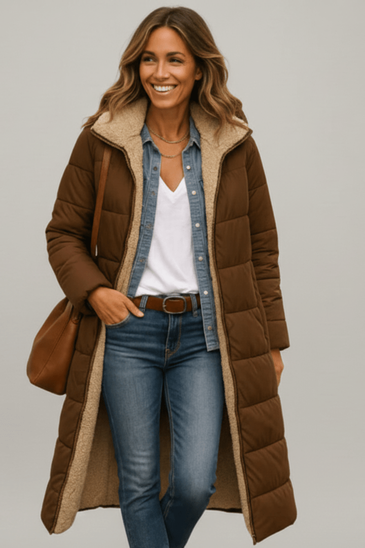Langer, brauner Damen-Steppmantel mit kuscheligem Teddy-Futter und Kapuze für stilvolle Wärme im Winter.