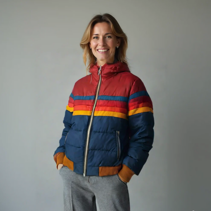 Damen Steppjacke mit Kapuze, Regenbogenstreifen im Retro-Design, Reißverschluss und gerippten Bündchen.
