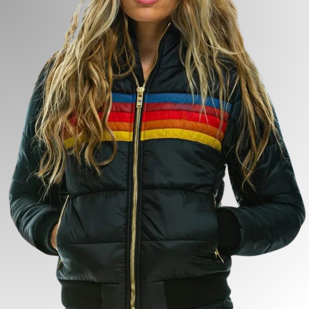 Schwarze Damen-Steppjacke mit Retro-Regenbogenstreifen, goldenem Reißverschluss und gerippten Bündchen.