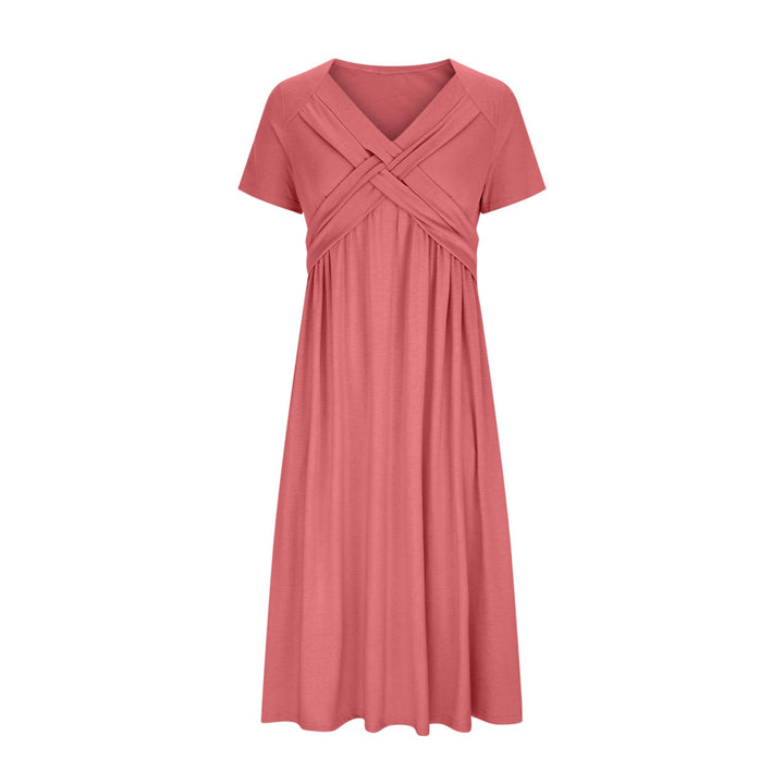 Alina Damen Midikleid in Koralle mit V-Ausschnitt, Wickel-Oberteil, kurzen Ärmeln und fliessendem Rock.