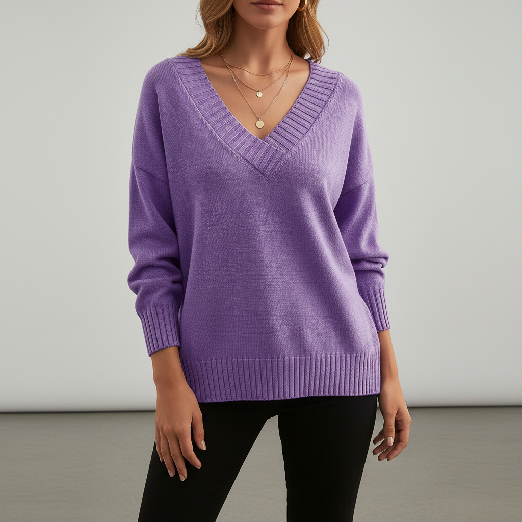 Eleganter lila Damen-Strickpullover mit tiefem V-Ausschnitt und gerippten Bündchen für einen weichen, femininen Look.