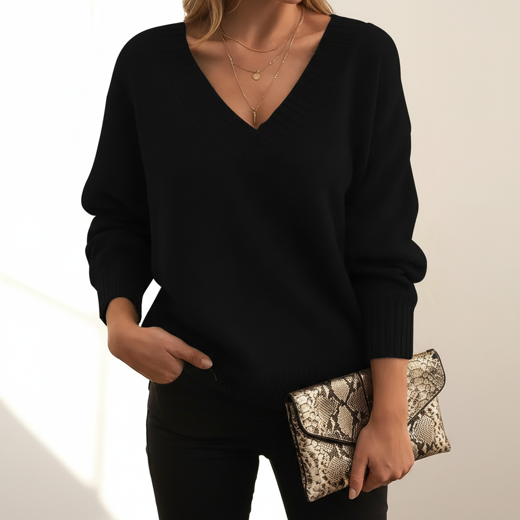 Eleganter schwarzer Damen-Pullover mit tiefem V-Ausschnitt aus weichem Strick mit gerippten Bündchen für einen stilvollen Look.