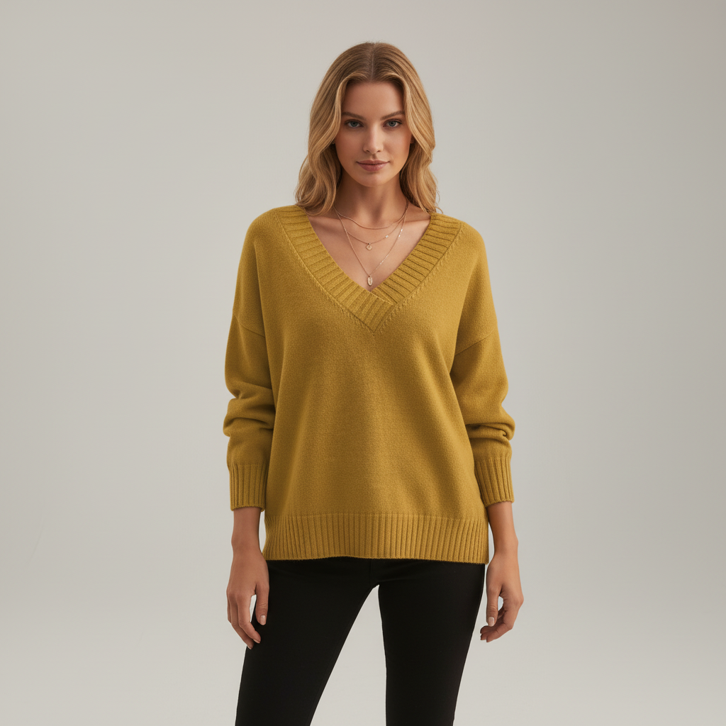 Senfgelber Damen-Pullover mit elegantem V-Ausschnitt aus weichem Strick mit gerippten Bündchen für einen modernen Look.