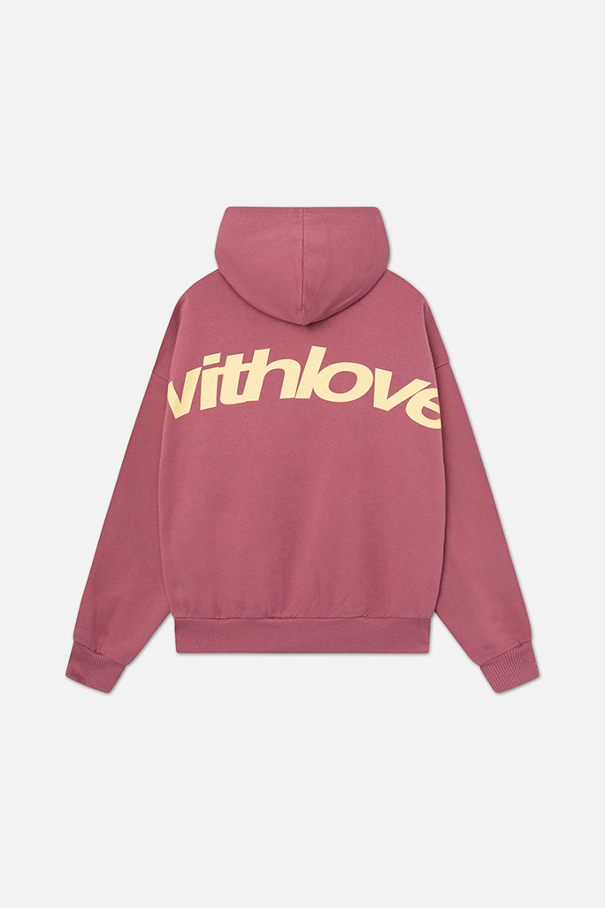 Beerenfarbener Oversized Damen-Hoodie mit Kapuze und großem, beigem „withlove“-Schriftzug auf der Rückseite.
