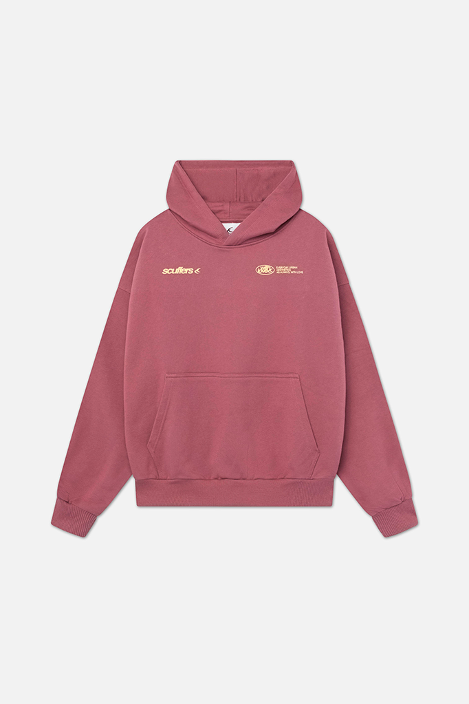 Altrosa Oversized-Hoodie für Damen mit Kapuze, Kängurutasche und kleinem Logo-Print auf der Brust.