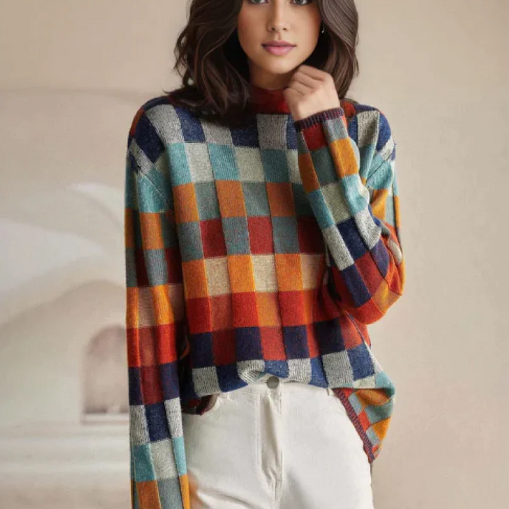 Annika | Damen Bunter Strickpullover mit Stehkragen