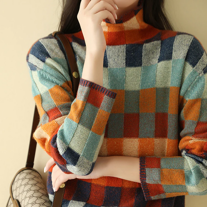 Annika | Damen Bunter Strickpullover mit Stehkragen
