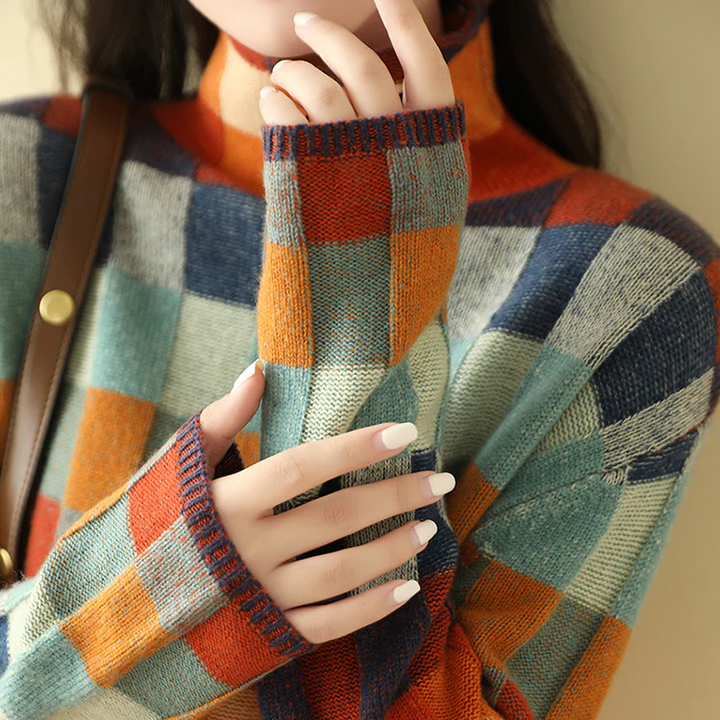 Annika | Damen Bunter Strickpullover mit Stehkragen