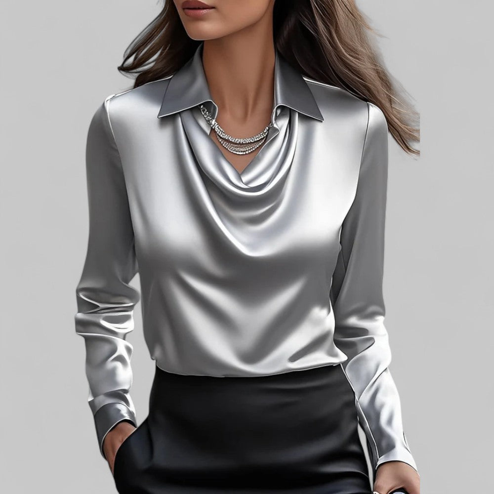 Silberne Annika Satin-Langarmbluse mit Wasserfallausschnitt und Kragen