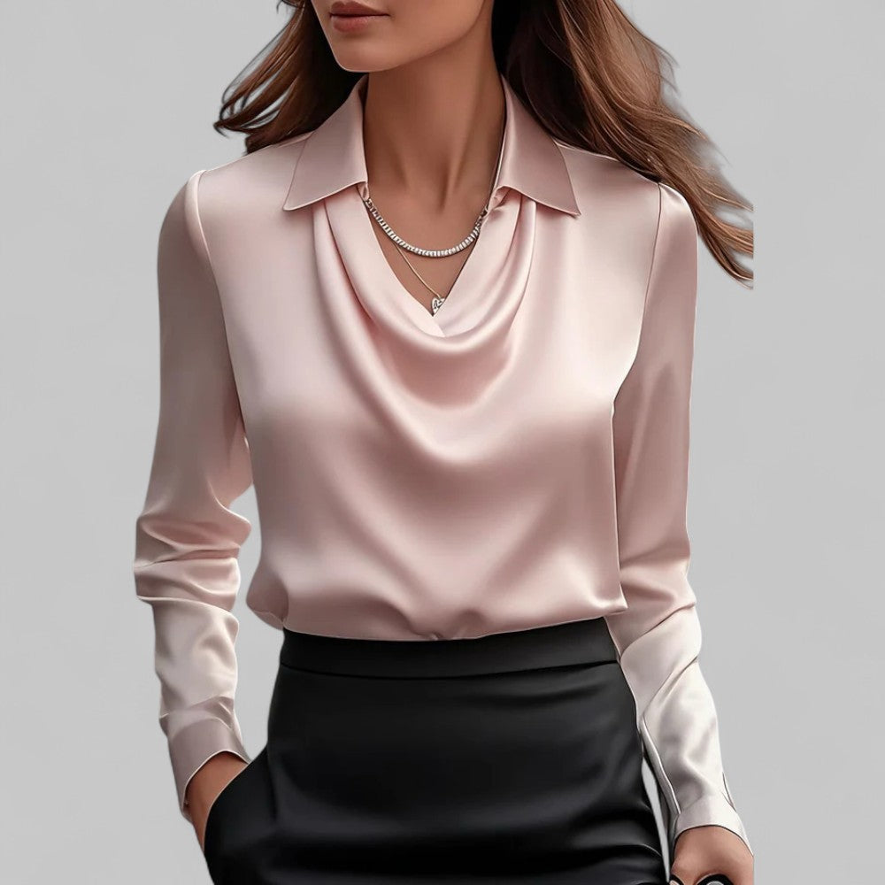 Rosa Annika Satin-Bluse mit Wasserfallausschnitt und Kragen