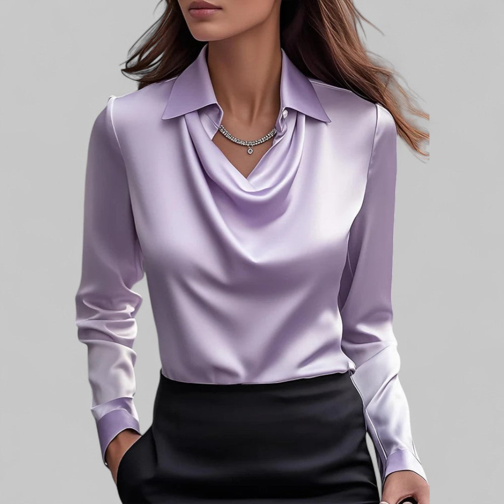 Fliederfarbene Annika Satin-Bluse mit Wasserfallausschnitt und Kragen