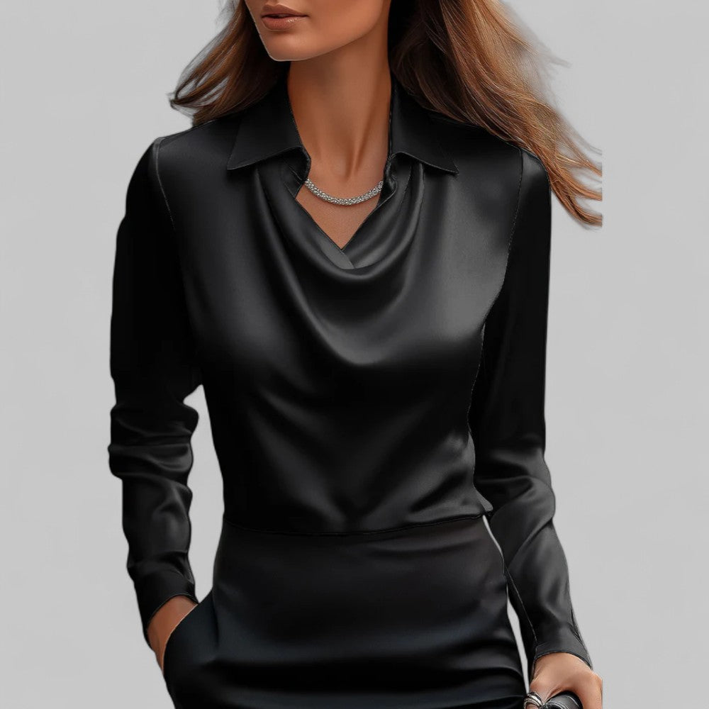 Schwarze Annika Satin-Bluse mit Wasserfallausschnitt und Kragen