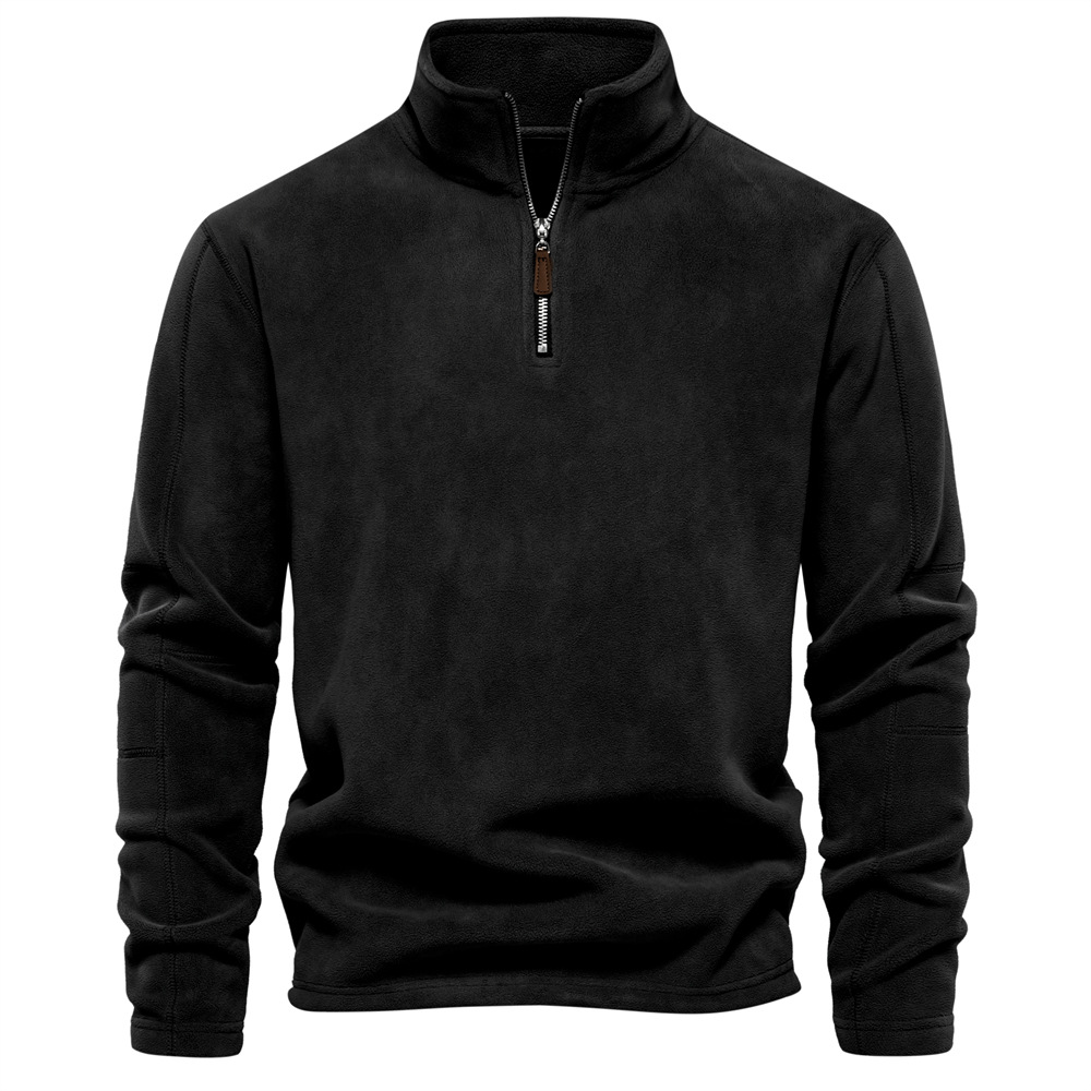 Schwarzer Herren-Fleece-Pullover Bruno mit modernem Stehkragen und praktischem Viertelreißverschluss für optimalen Komfort.