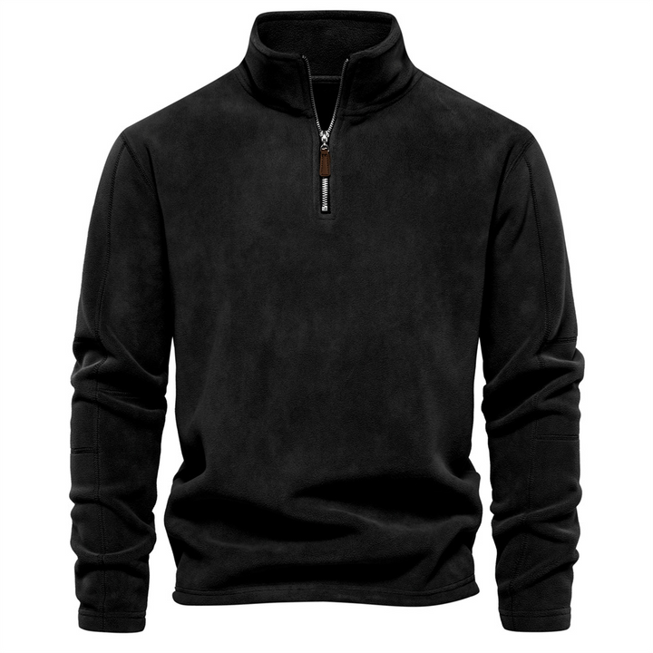 Schwarzer Herren-Fleece-Pullover Bruno mit modernem Stehkragen und praktischem Viertelreißverschluss für optimalen Komfort.