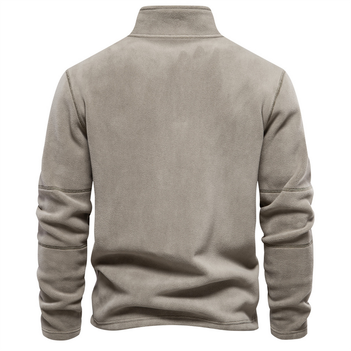Rückansicht des beigen Bruno Herren-Fleece-Pullovers mit wärmendem Stehkragen und bequemem Schnitt.