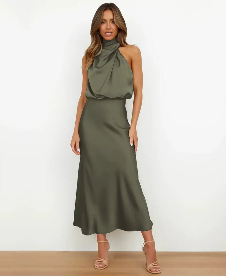 Carla Damen Satin Neckholder Midikleid in elegantem Olivgrün