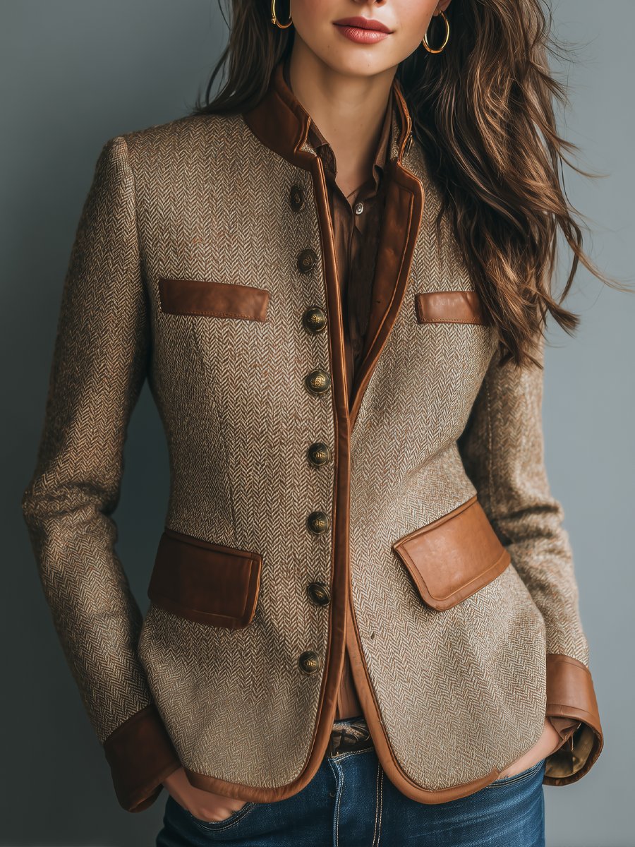 Taillierter Damen-Blazer in braunem Fischgrat-Tweed mit braunen Lederimitat-Besätzen, Stehkragen und antikfarbenen Knöpfen.
