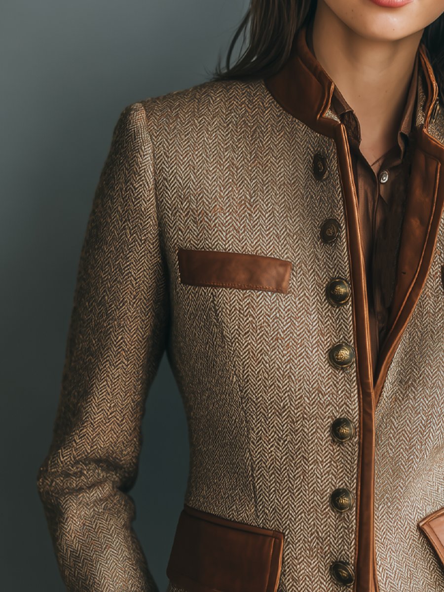 Taillierter Damen-Blazer in braunem Fischgrat-Tweed mit braunem Kunstlederbesatz, Stehkragen und antikfarbenen Knöpfen.