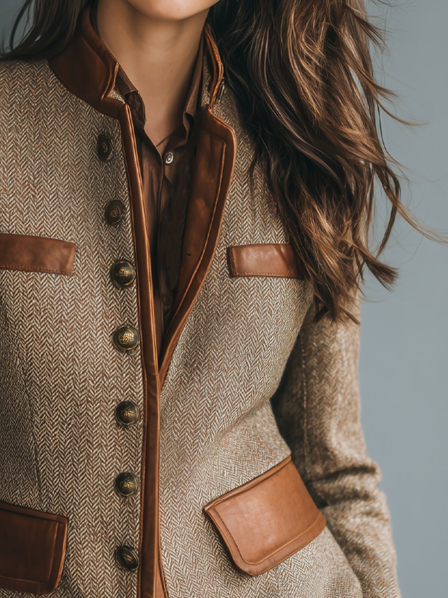 Taillierter Damen-Blazer in braunem Fischgrat-Tweed mit braunen Lederimitat-Details, Stehkragen und antikfarbenen Knöpfen.