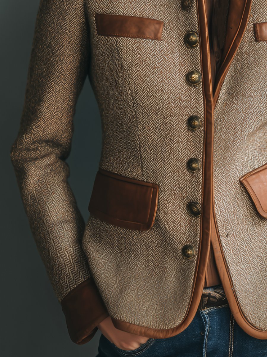 Taillierter Damen-Blazer in braunem Fischgrat-Tweed mit braunen Lederimitat-Details, Stehkragen und antikfarbenen Knöpfen.