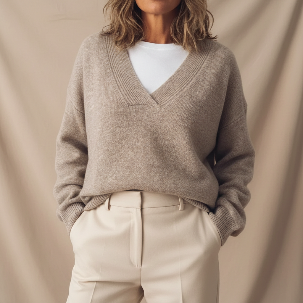 Beiger Oversized-Pullover mit V-Ausschnitt aus weichem Strick für einen eleganten, lässigen Look.