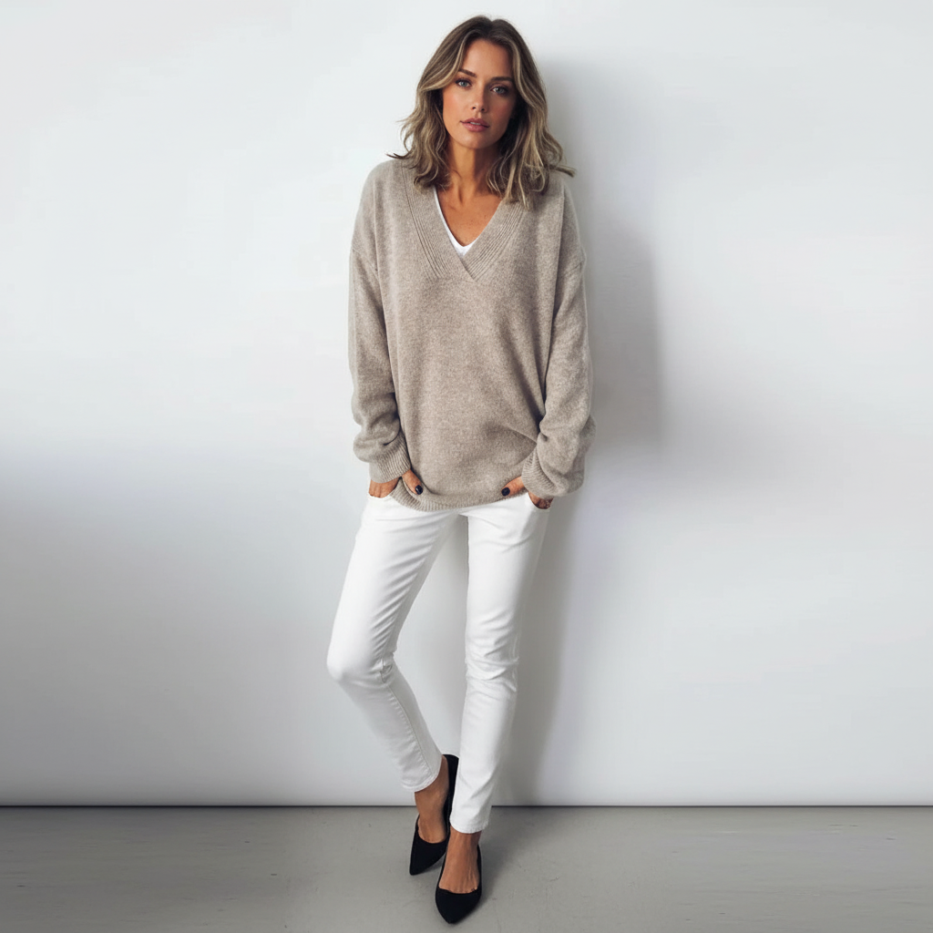 Beiger Oversized-Strickpullover mit elegantem V-Ausschnitt für einen lässigen, modernen Look.