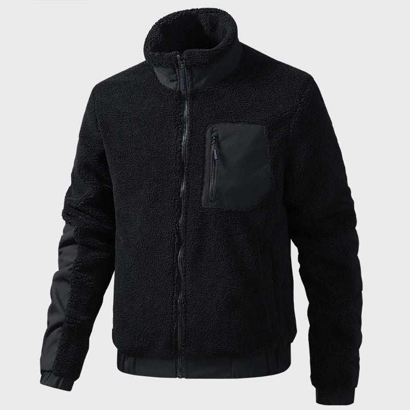 Schwarze Dario Herren-Fleecejacke mit Stehkragen, Reißverschluss und kontrastierenden Materialeinsätzen.