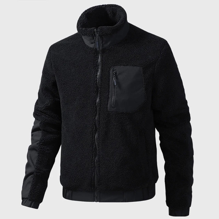 Schwarze Dario Herren-Fleecejacke mit Stehkragen, Reißverschluss und kontrastierenden Materialeinsätzen.