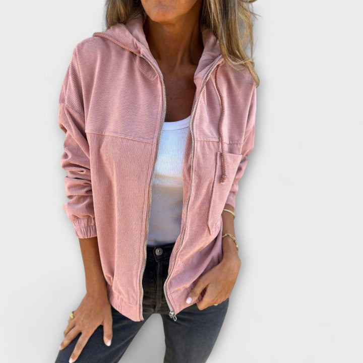 Altrosa Damen-Cordjacke mit Kapuze, Reißverschluss und lässiger Passform für einen modernen Retro-Look.