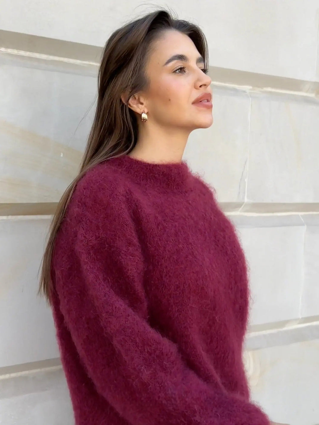 Flauschiger, weinroter Damen-Pullover mit Rundhals und lockerer Passform für einen modernen, gemütlichen Look.