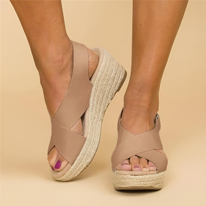 Beige Elin Plateau-Keilabsatz-Sandalen mit überkreuzten Riemen und Bastsohle