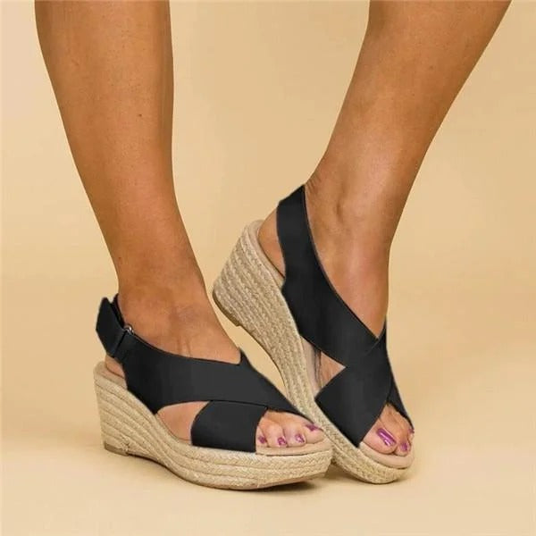 Schwarze Elin Damen Plateau Keilabsatz Sandalen mit überkreuzten Riemen