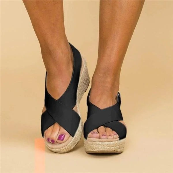 Schwarze Elin Damen Plateau Keilabsatz Sandalen mit überkreuzten Riemen und Bastsohle