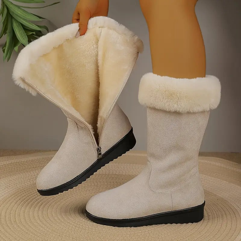 Beigefarbene Emilia Winterstiefel mit weichem Fellfutter, seitlichem Reißverschluss und schwarzer Profilsohle.
