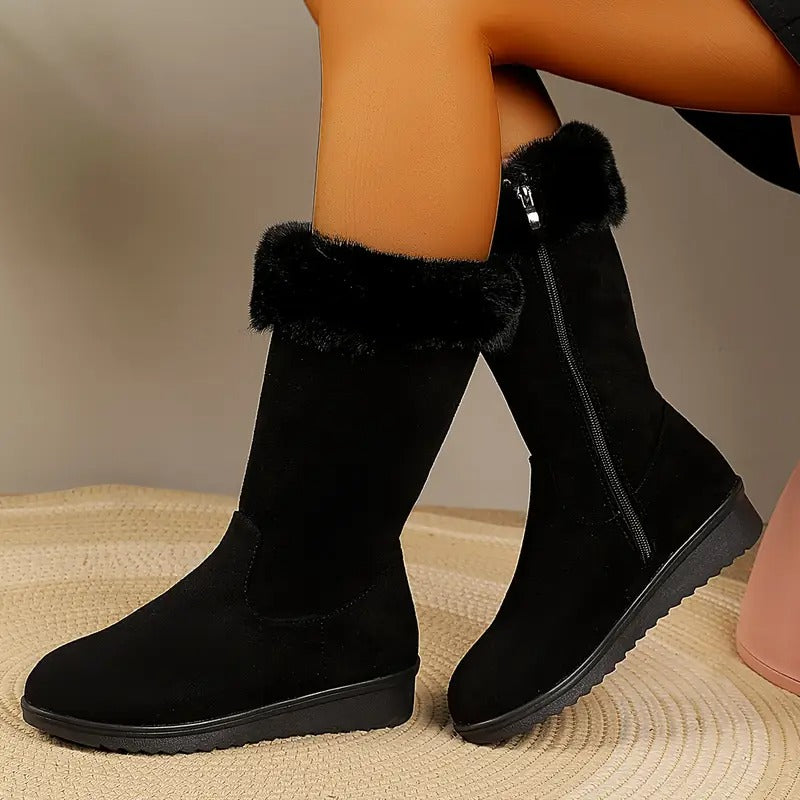 Schwarze, wadenhohe Emilia Winterstiefel mit weichem Fellbesatz, seitlichem Reißverschluss und profilierter Sohle.