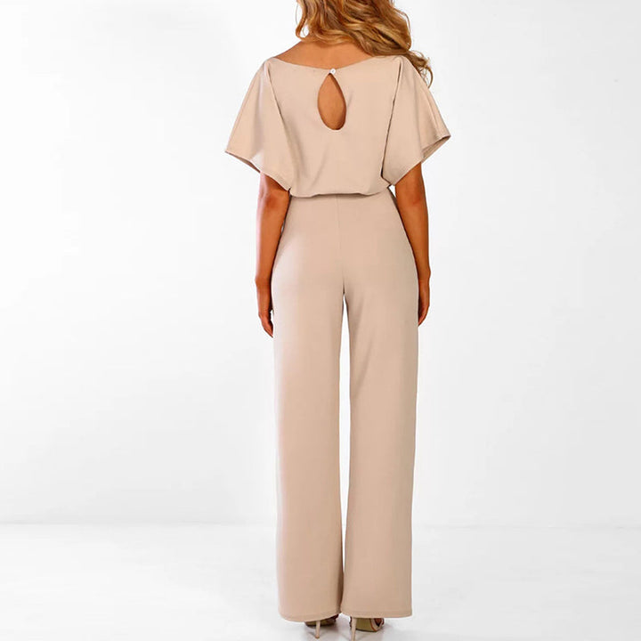 Beiger Eva Damen Jumpsuit mit weitem Bein und Rückenausschnitt