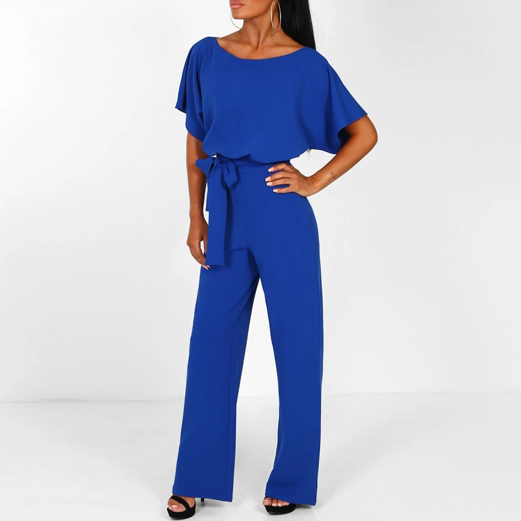 Blauer Eva Damen-Jumpsuit mit weitem Bein, Bindegürtel und drapierten Ärmeln.