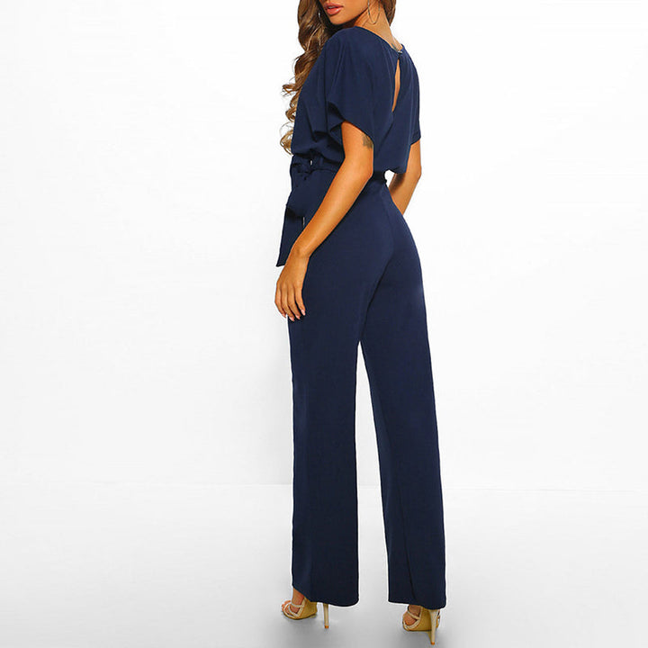 Dunkelblauer Eva Damen-Jumpsuit mit weitem Bein, Bindegürtel und Rückenausschnitt