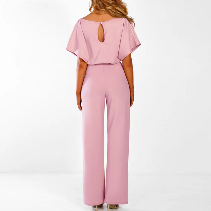 Rosa Eva Damen Jumpsuit mit weitem Bein und Rückenausschnitt von hinten gezeigt