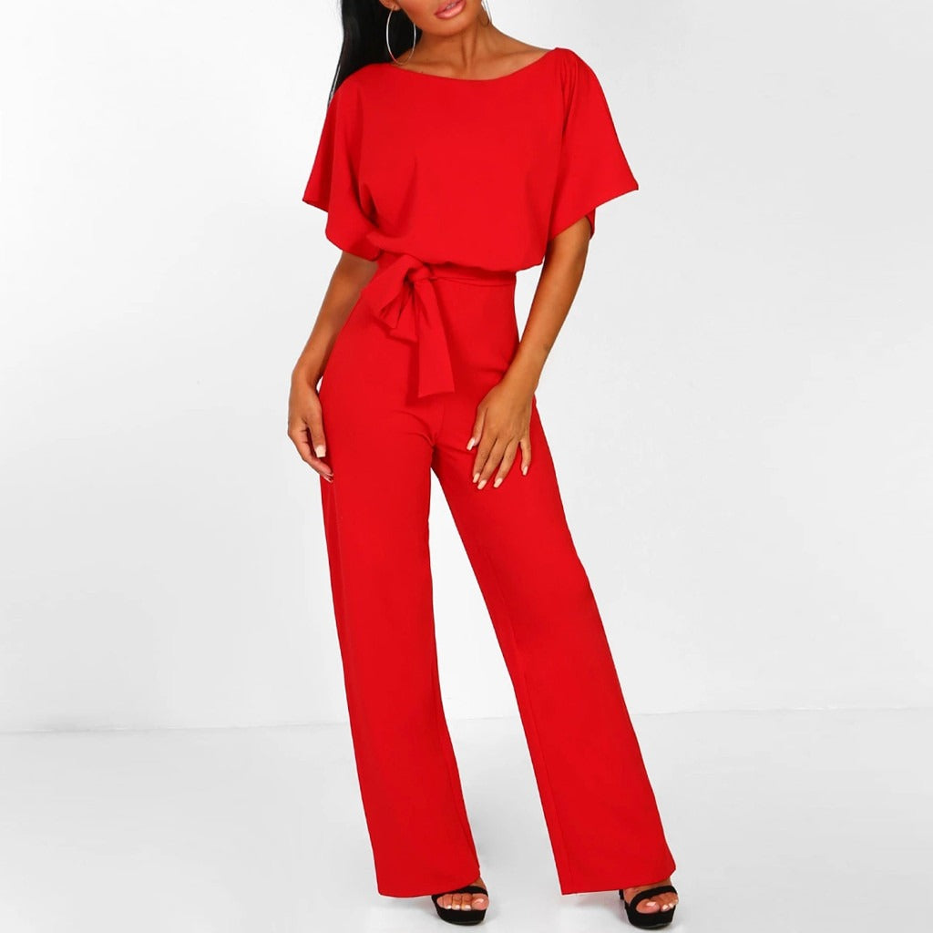 Roter Eva Damen-Jumpsuit mit weitem Bein, Bindegürtel und kurzen Ärmeln