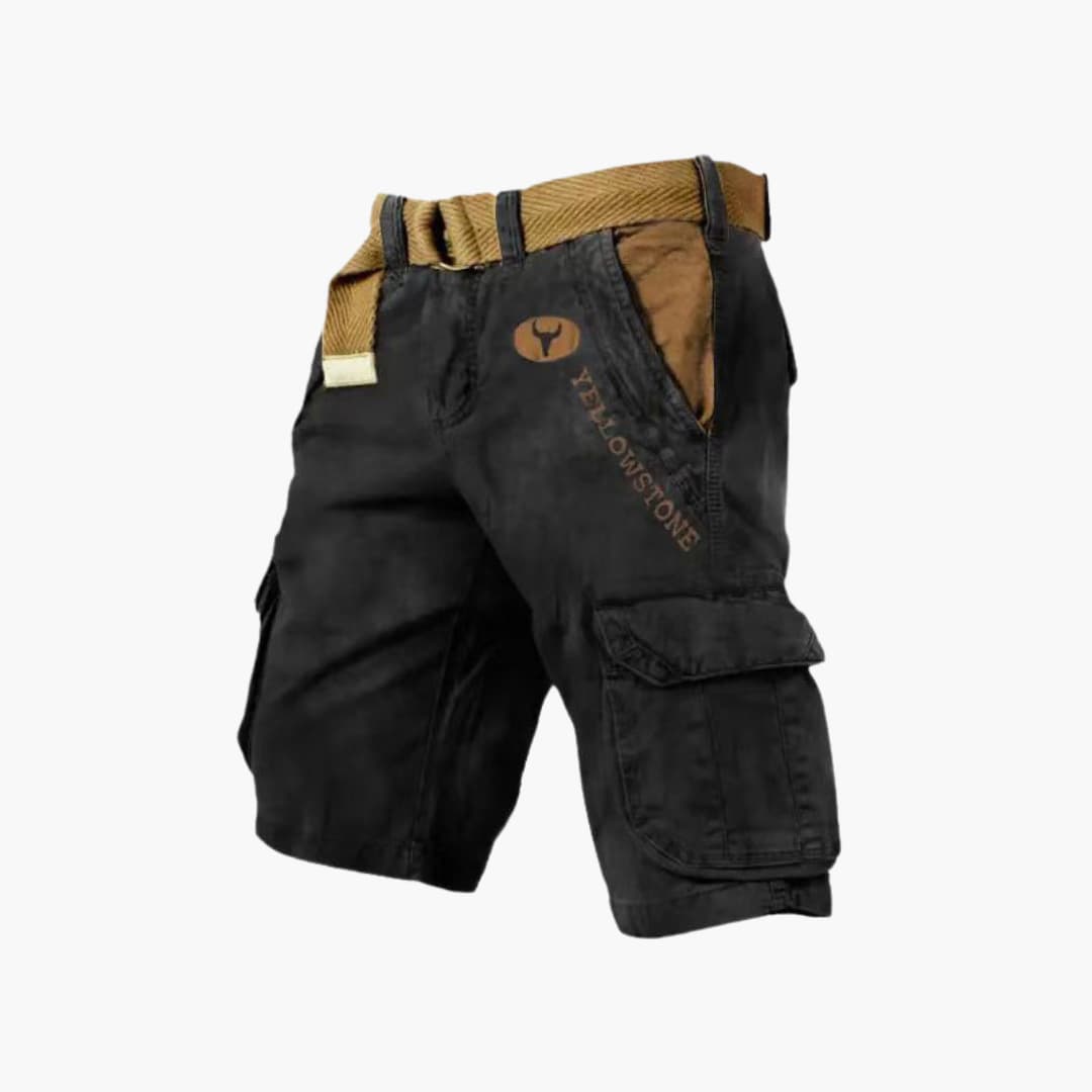 Schwarze, knielange Herren-Cargoshorts mit braunen Kontrastdetails, Seitentaschen und Yellowstone-Stickerei.
