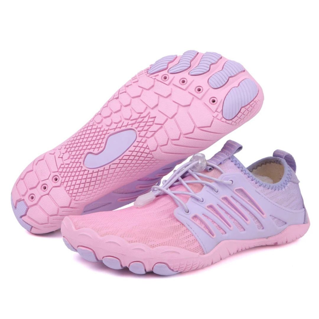 Leichte, rosa Barfussschuhe mit atmungsaktivem Mesh, Kordelzug und flexibler Zehenprofil-Sohle für hohen Laufkomfort.
