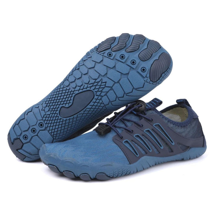 Blaue Fabio Barfussschuhe mit atmungsaktivem Mesh, Kordelzug-Verschluss und flexibler, griffiger Zehen-Außensohle.