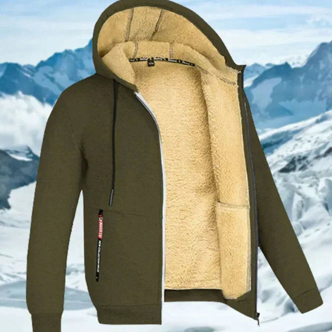 Olivgrüne Herren-Kapuzenjacke mit kuscheligem beigen Fleecefutter, Reissverschluss und Kapuze für kalte Wintertage.